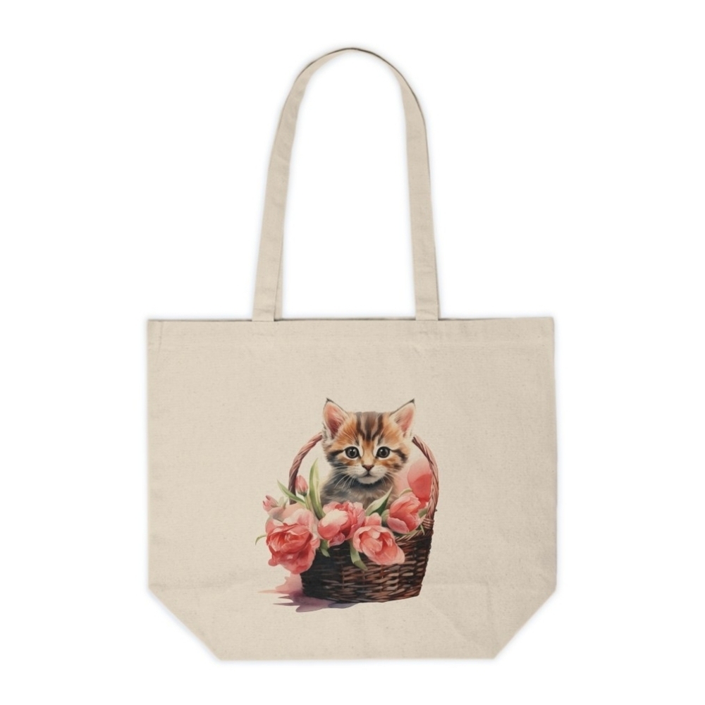 Cute Cat in a Floral Basket Custom Canvas Tote Bag